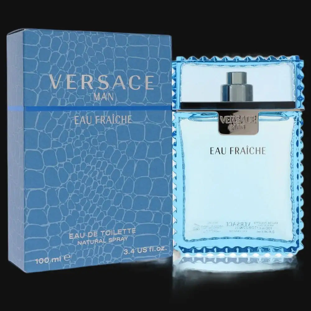 Versace Man Eau Fraiche cologne in 100ml bottle with blue design, perfect for fresh summer scents