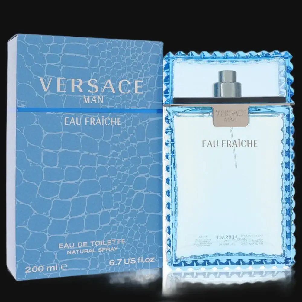 Versace Man Eau Fraiche cologne in a blue bottle with elegant packaging for a refreshing scent experience