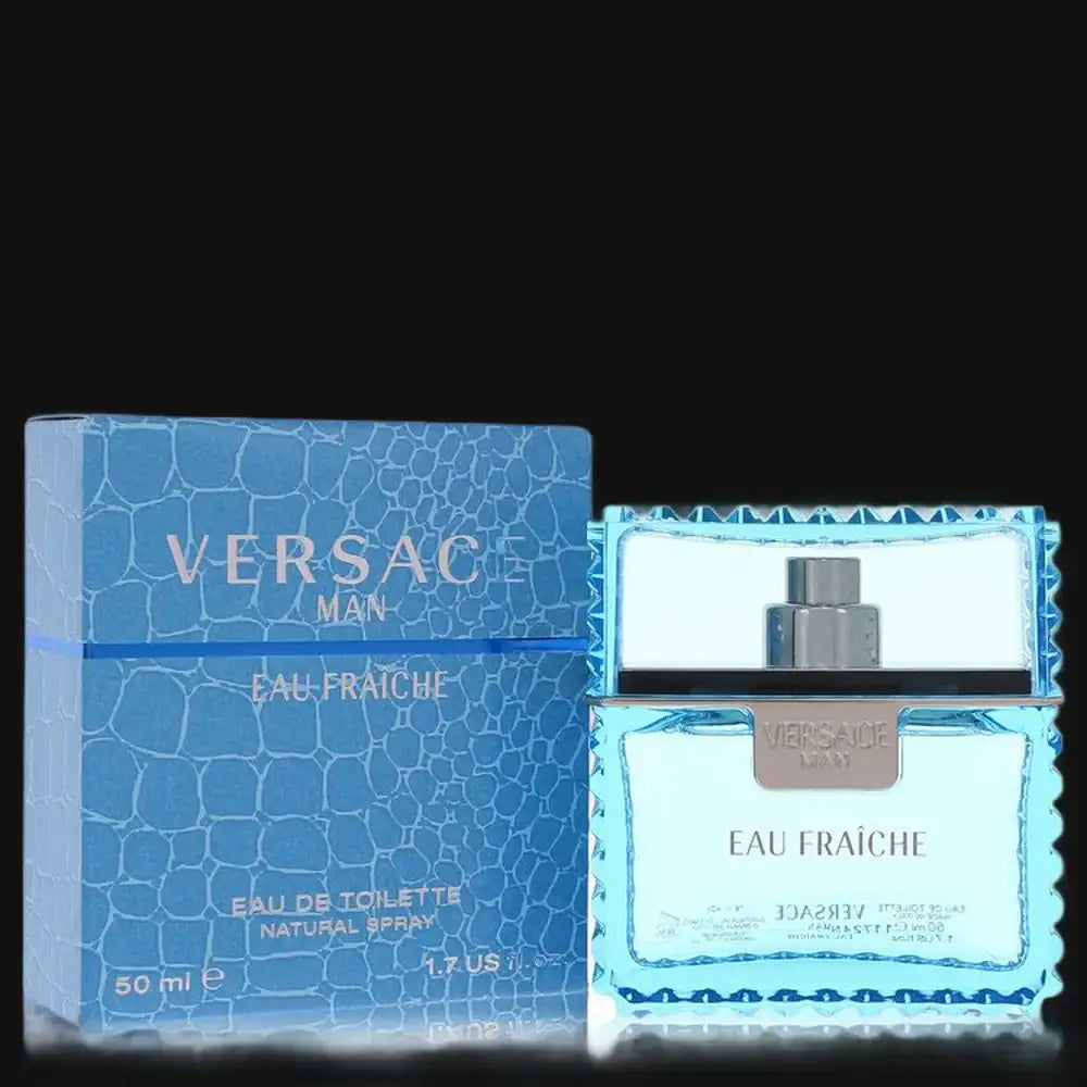 Versace Man Eau Fraiche cologne in a stylish blue bottle with matching box design