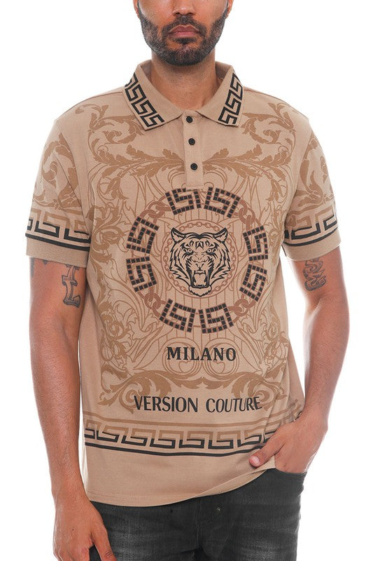 WEIV men's Version Couture Milano shirt in beige with tiger graphic and patterned collar and sleeves