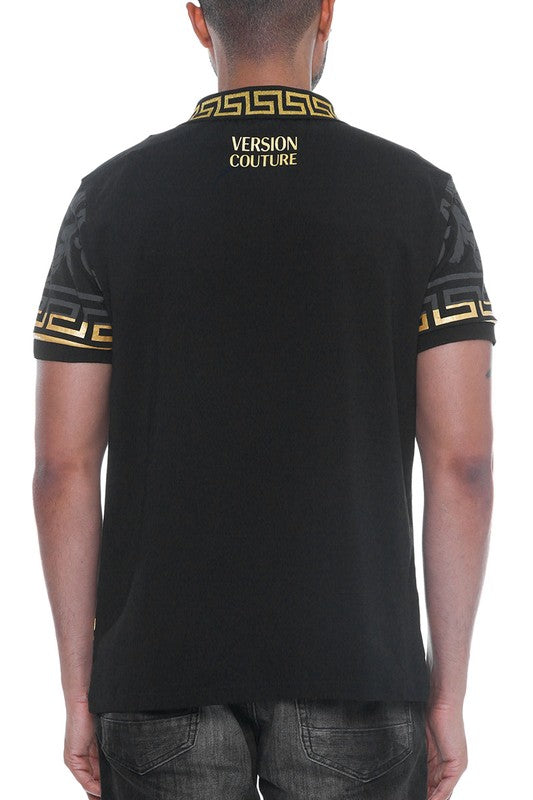 Back view of a man wearing a black Version Couture Milano shirt by WEIV with gold patterned collar and sleeves