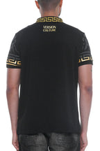 Back view of a man wearing a black Version Couture Milano shirt by WEIV with gold patterned collar and sleeves