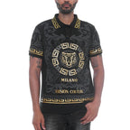 WEIV men's Version Couture Milano shirt black polo with gold tiger and geometric patterns