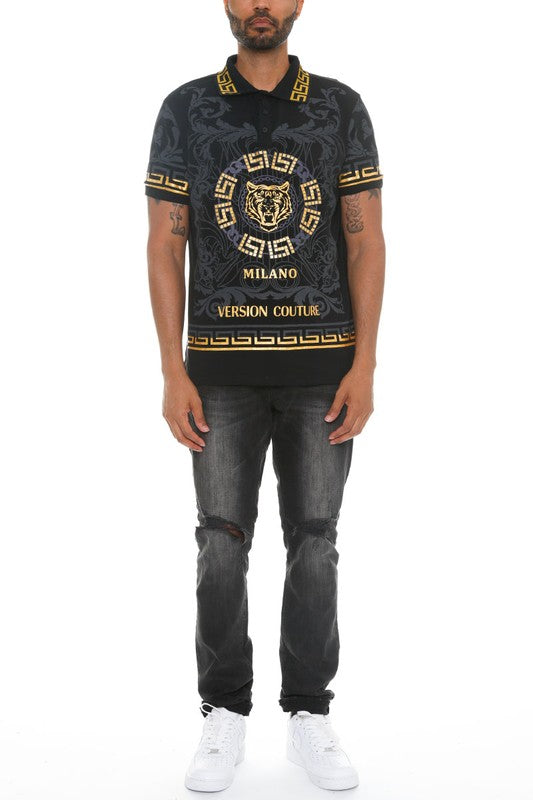 WEIV men's Version Couture Milano shirt in black with gold design and tiger emblem paired with ripped black jeans