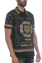 Men's Version Couture Milano shirt by WEIV in black with gold tiger and geometric patterns