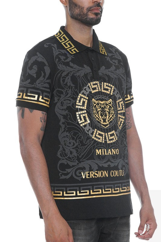 Men's Version Couture Milano shirt by WEIV in black with gold tiger and geometric patterns