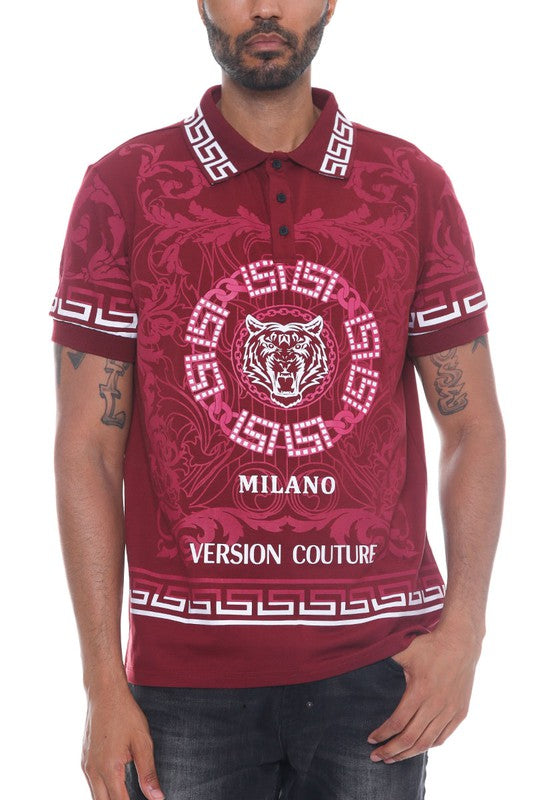 Men's Version Couture Milano shirt by WEIV in maroon with tiger graphic and geometric patterns