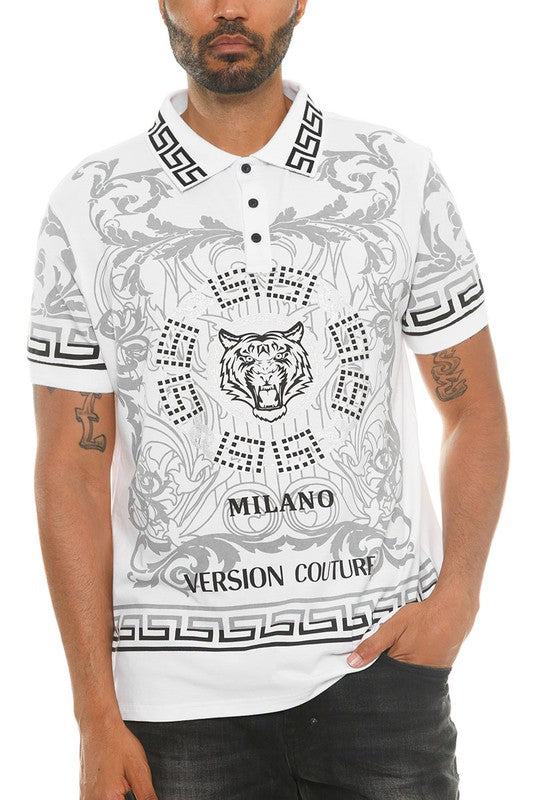 WEIV men's Version Couture Milano shirt white polo with tiger graphic and black geometric trim