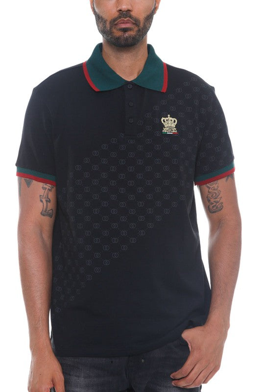 WEIV men's black Version Couture polo button down shirt with green collar and red trim