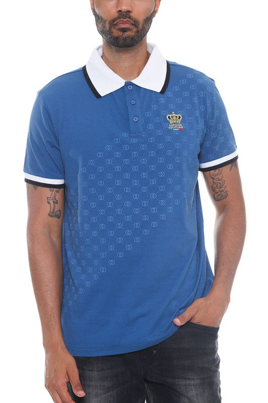 WEIV men's Version Couture polo button down shirt in blue with white collar and embroidered crown logo