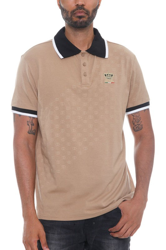 WEIV men's Version Couture polo button down shirt in tan with black collar and sleeve trim