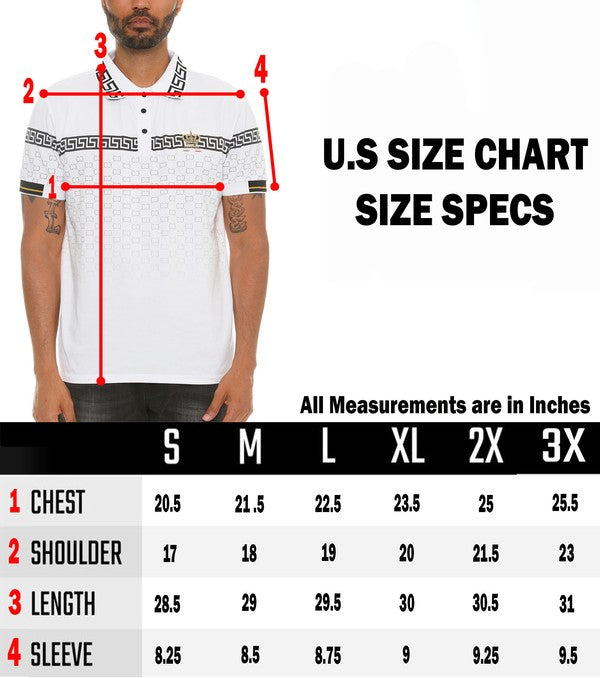 U.S size chart for WEIV men's Version Couture polo button down showing chest shoulder length and sleeve measurements in inches