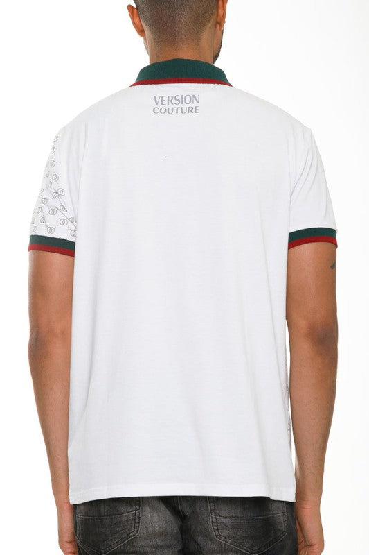 Back view of men's Version Couture polo button down shirt by WEIV in white with green and red collar and sleeve trim