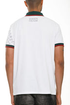 Back view of men's Version Couture polo button down shirt by WEIV in white with green and red collar and sleeve trim