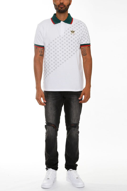 WEIV men's Version Couture polo button down white shirt with green and red trim on collar and sleeves