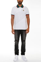 WEIV men's Version Couture polo button down white shirt with green and red trim on collar and sleeves