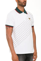 Men's white Version Couture polo button down shirt by WEIV with patterned design and green red collar details