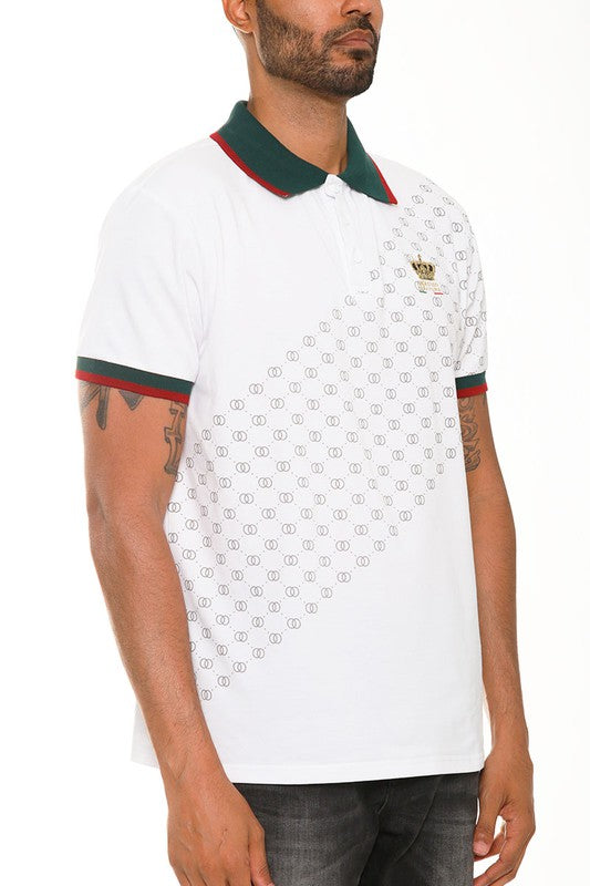 Men's white Version Couture polo button down shirt by WEIV with patterned design and green red collar details