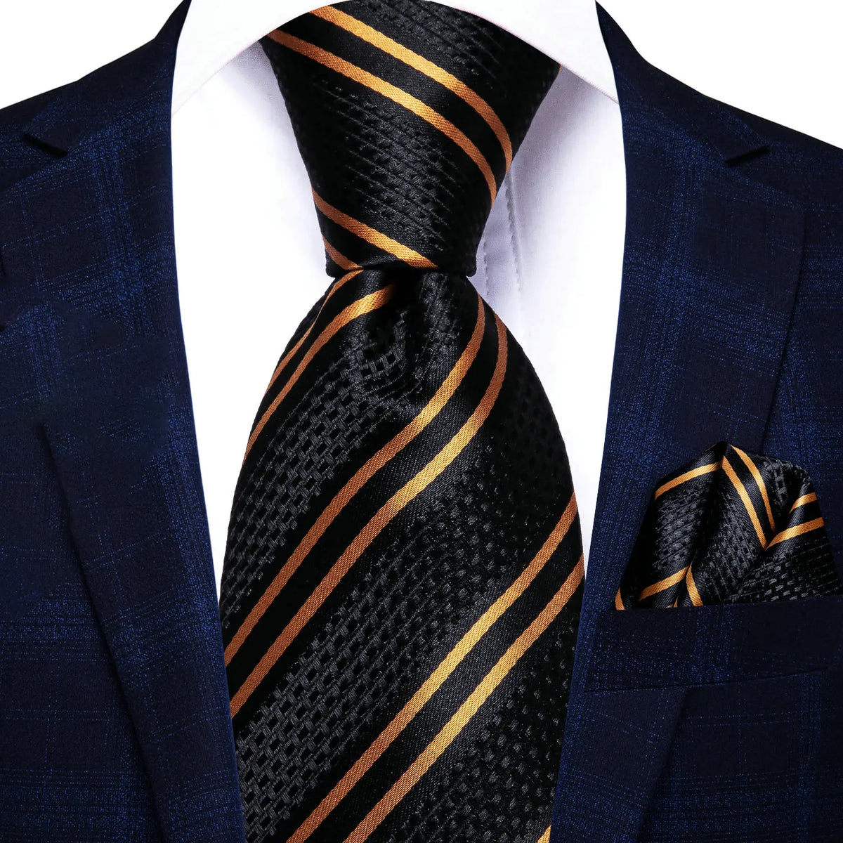 Elegant black and gold tie with matching pocket square for how fold a pocket square