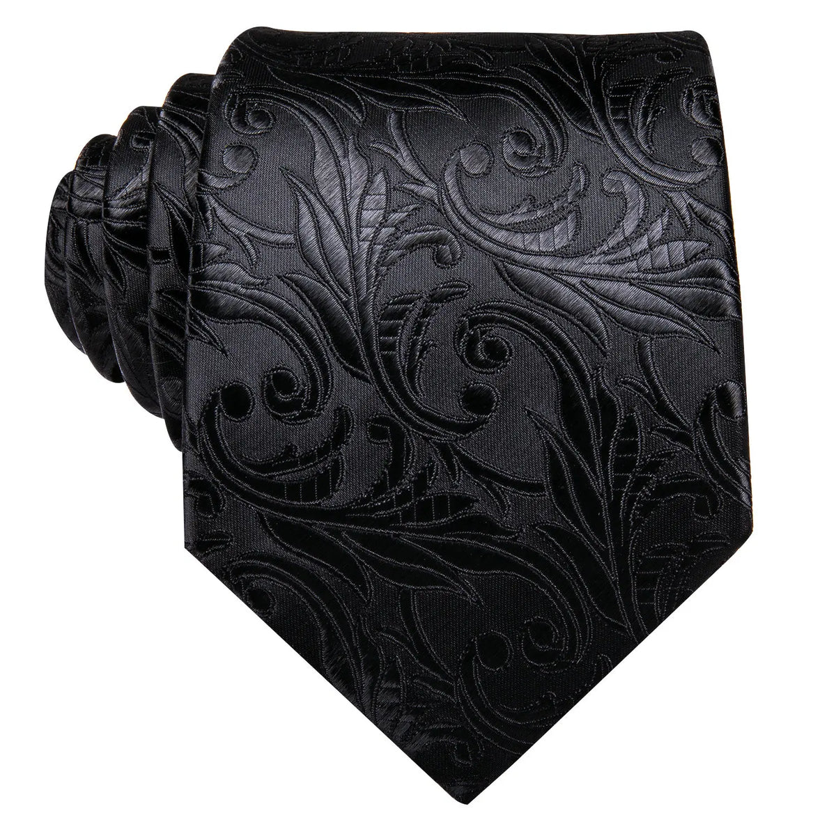 Black silk tie with intricate floral pattern for formal occasions