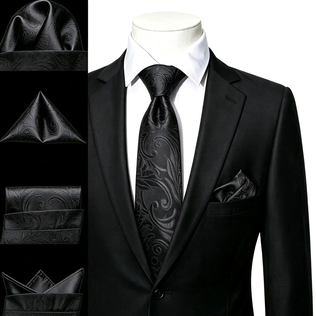 Black silk pocket square in elegant folds, illustrating how fold a pocket square