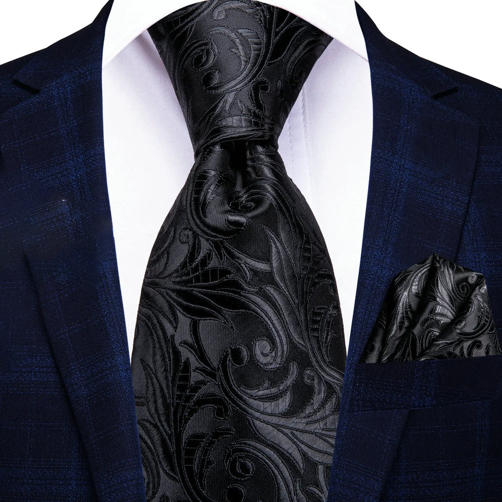 Men's black silk tie and pocket square, elegant style, how fold a pocket square