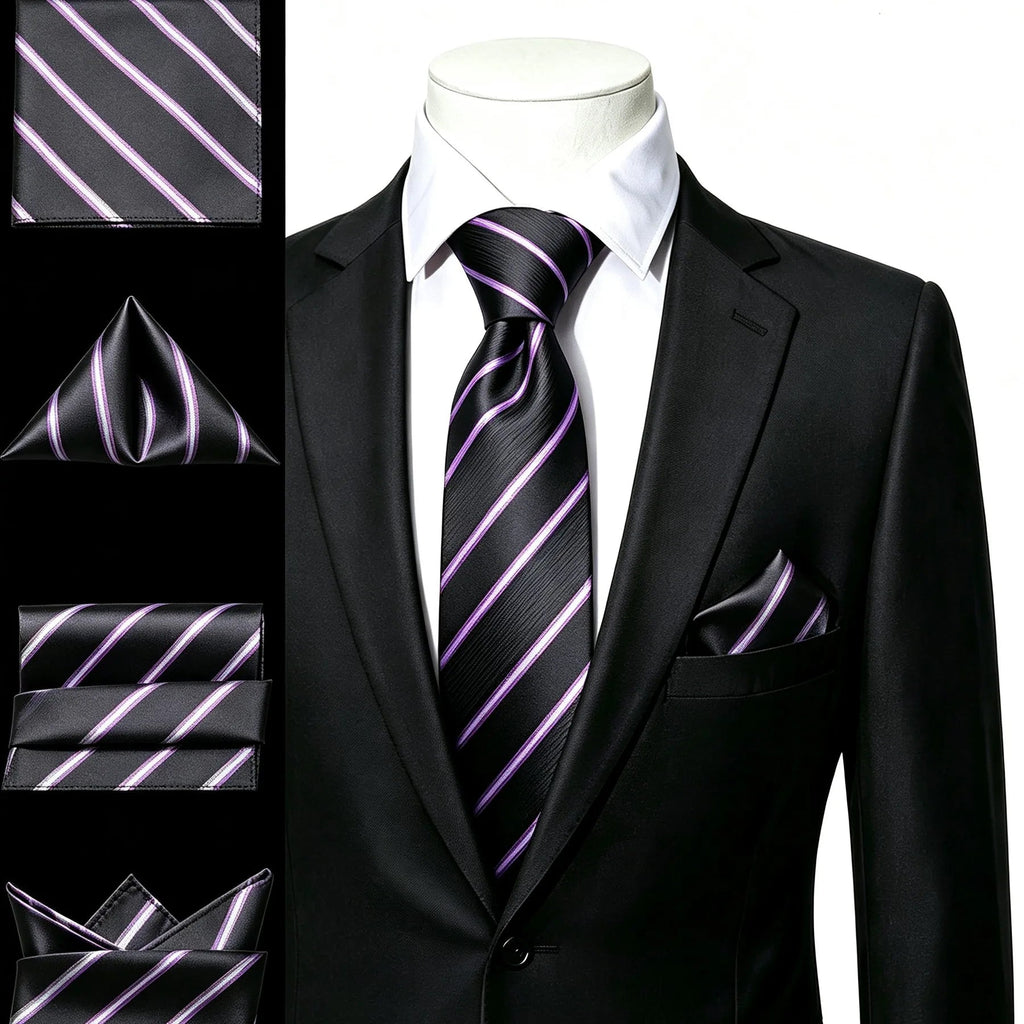 Elegant black tie with purple stripes, ideal for formal wear. Necktie how to tie guide included.