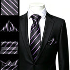 Elegant black tie with purple stripes, ideal for formal wear. Necktie how to tie guide included.