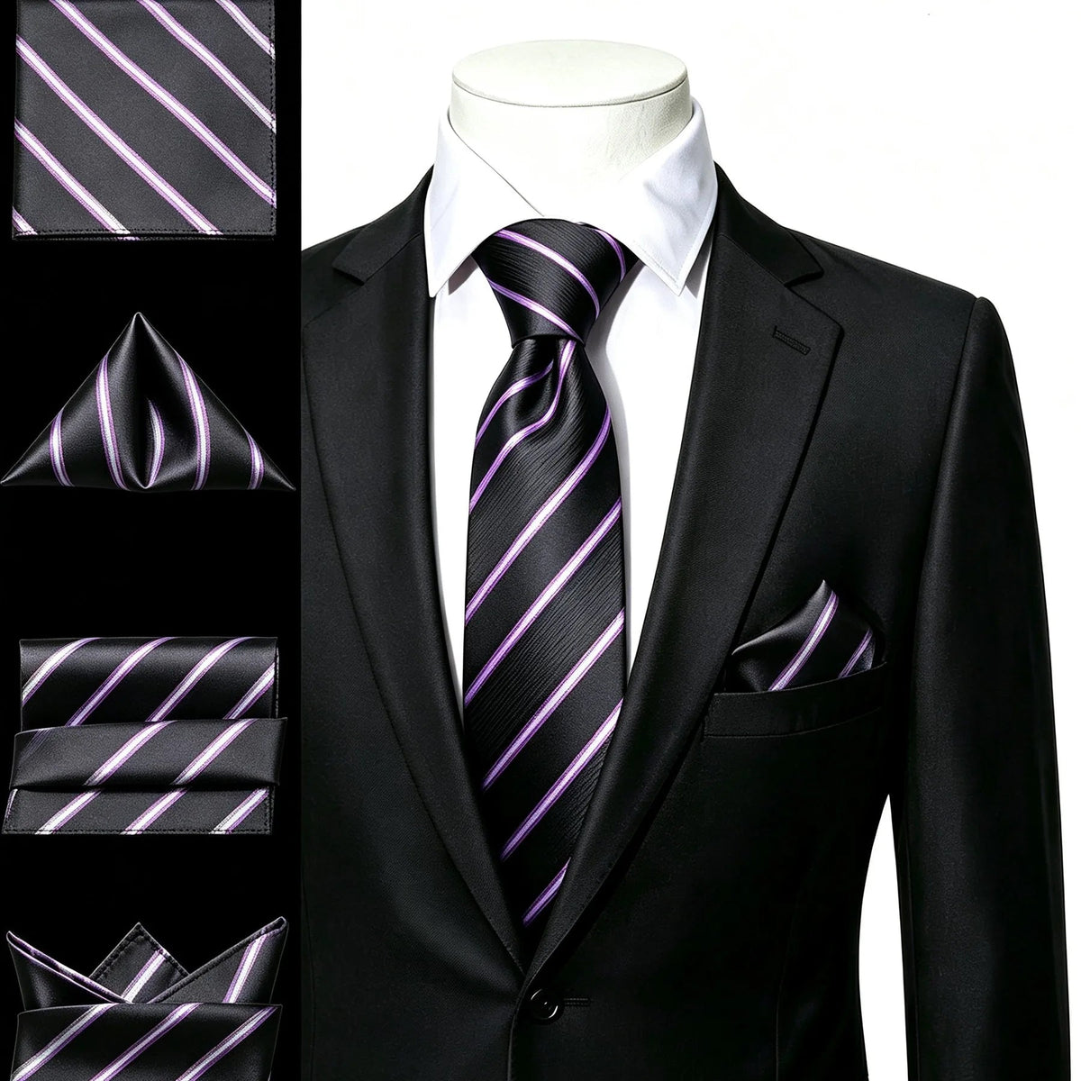 Elegant black tie with purple stripes, ideal for formal wear. Necktie how to tie guide included.