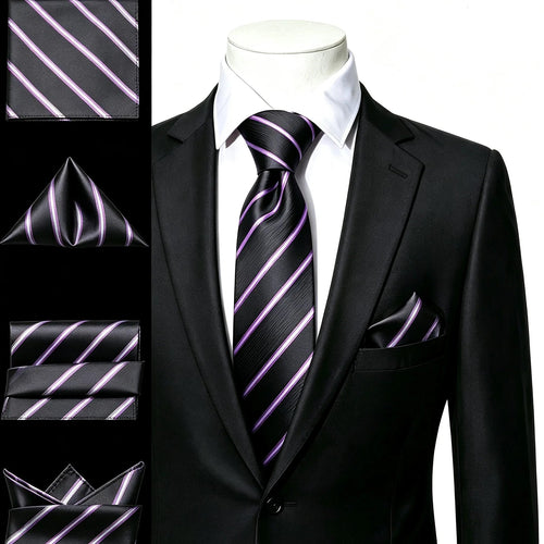 Elegant black tie with purple stripes, ideal for formal wear. Necktie how to tie guide included.