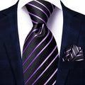 Black and purple striped necktie, perfect for business attire, includes guide on necktie how to tie