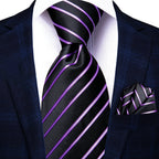 Black and purple striped necktie, perfect for business attire, includes guide on necktie how to tie