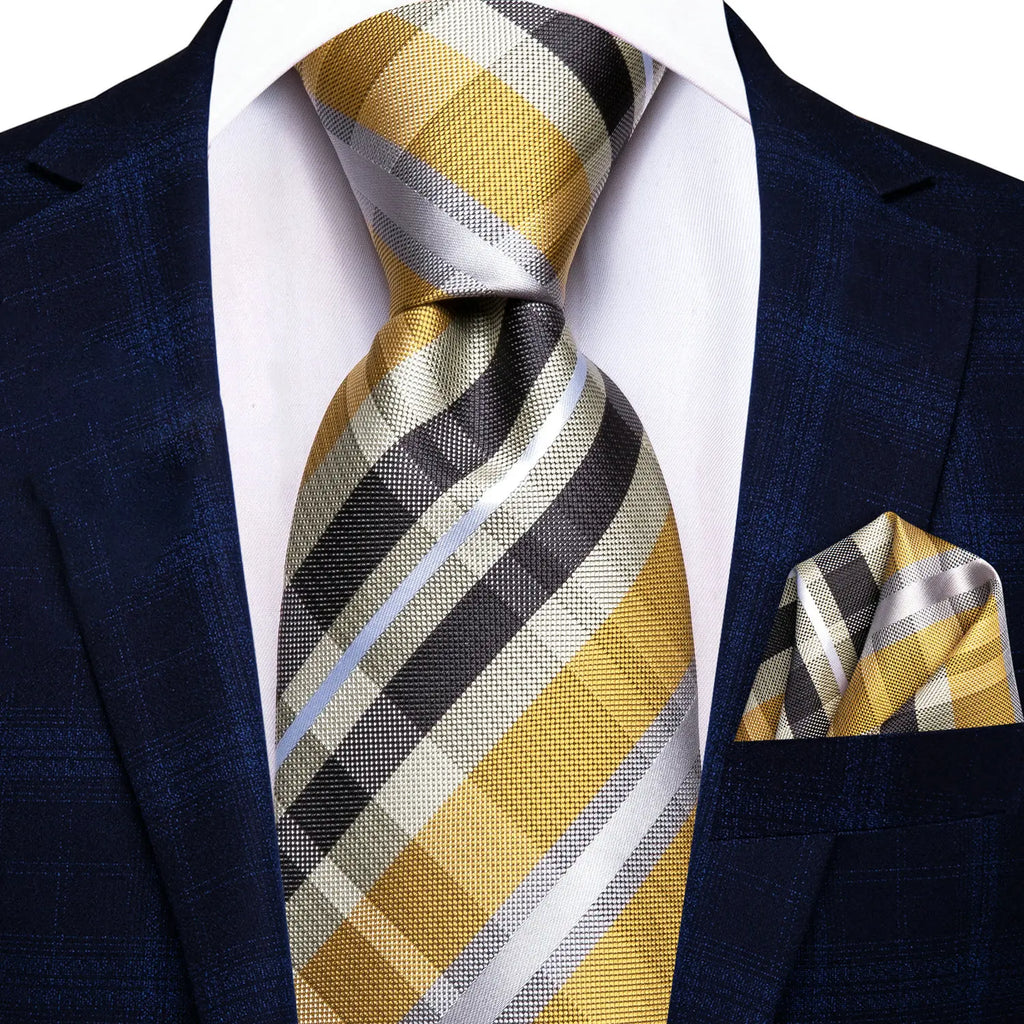 Men's yellow plaid tie with matching pocket square, how fold a pocket square