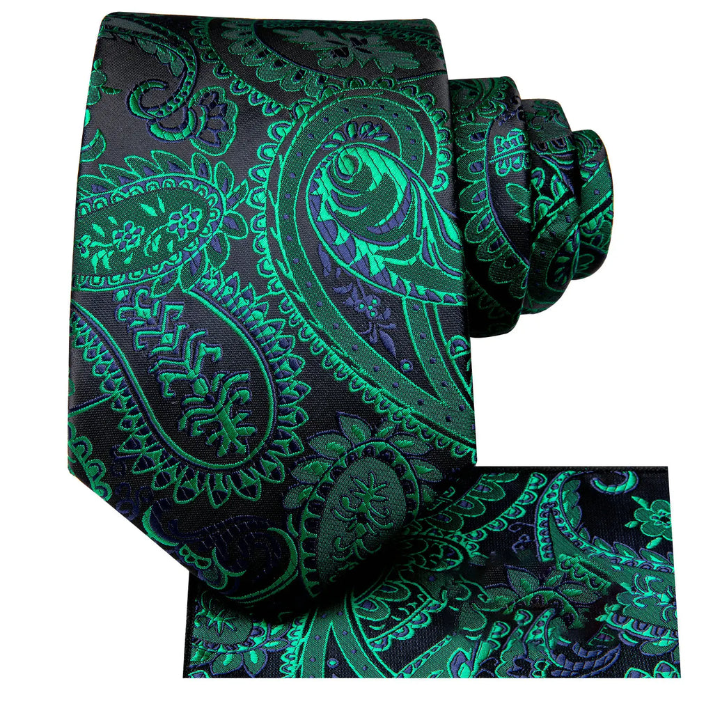 Men's green paisley silk tie, perfect for formal occasions, how fold a pocket square