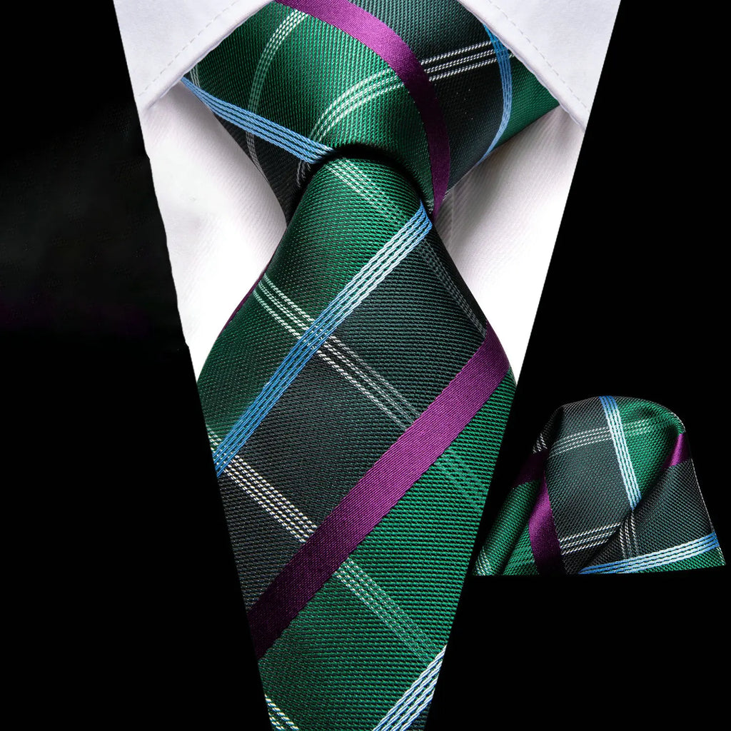 Green plaid tie set with a matching pocket square, perfect for formal events, how fold a pocket square
