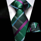 Green plaid tie set with a matching pocket square, perfect for formal events, how fold a pocket square