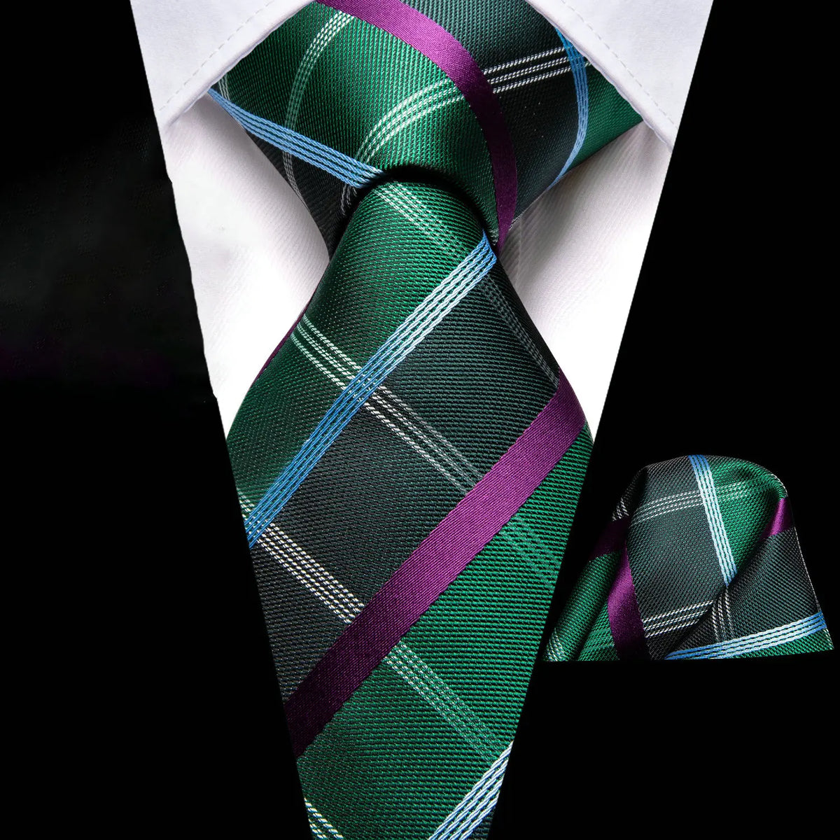 Green plaid tie set with a matching pocket square, perfect for formal events, how fold a pocket square