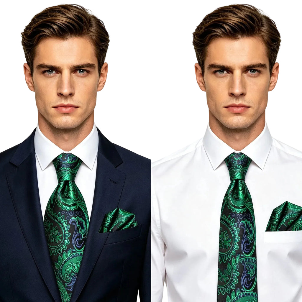 Green patterned tie and pocket square, learn how to fold a pocket square