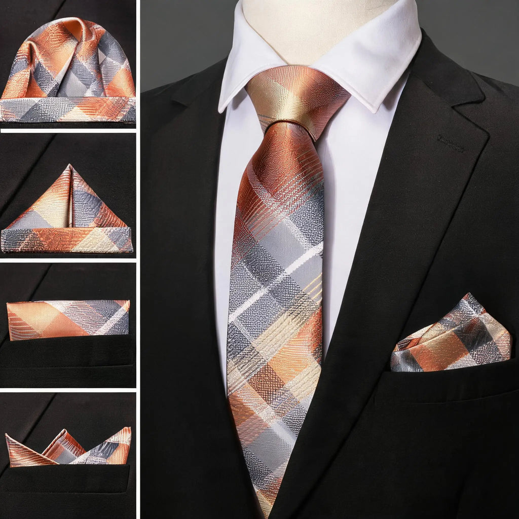 Orange plaid tie and matching pocket square, how fold a pocket square