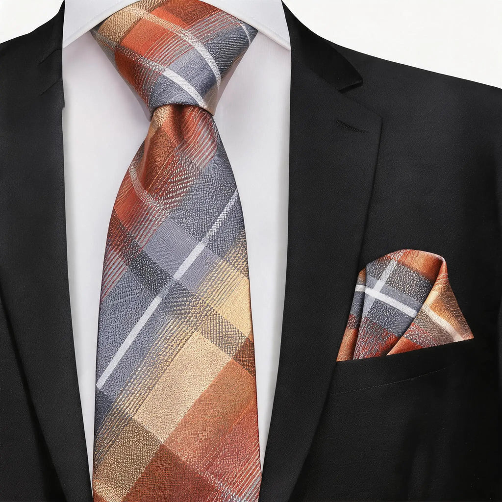 Men's plaid tie and matching pocket square, ideal for formal occasions, how fold a pocket square