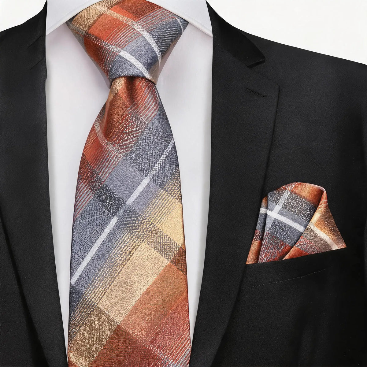 Men's plaid tie and matching pocket square, ideal for formal occasions, how fold a pocket square