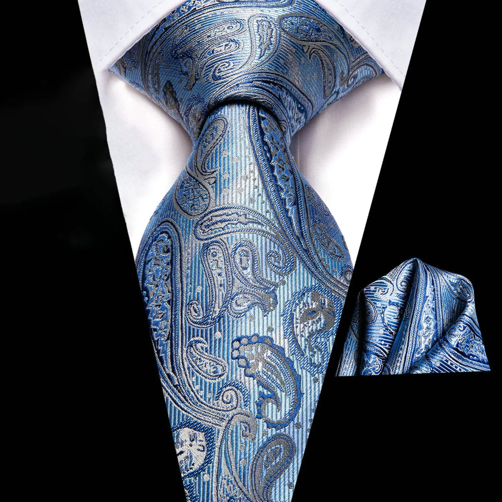 Men's blue paisley tie and pocket square set, perfect for formal events