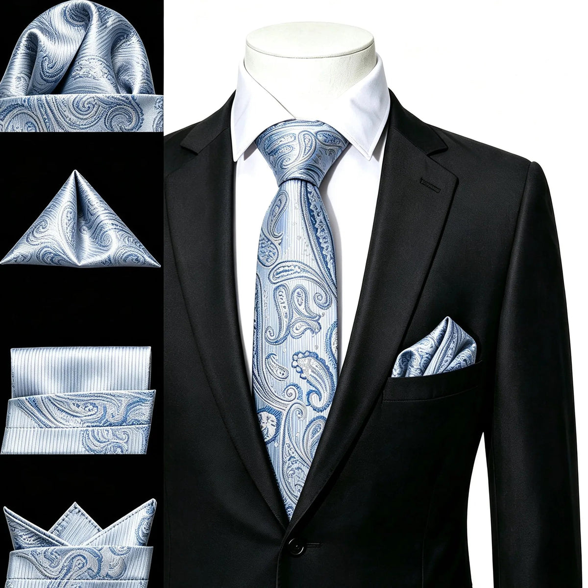 Men's blue paisley tie and pocket square set for formal occasions