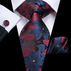 mens floral necktie in black, red, and blue for formal occasions
