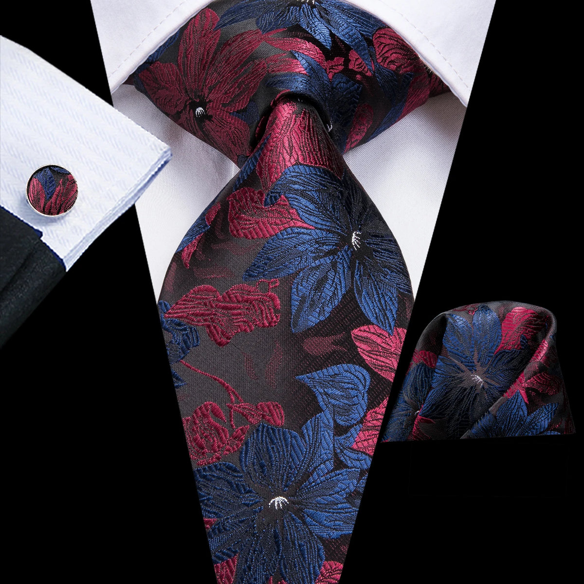 mens floral necktie in black, red, and blue for formal occasions