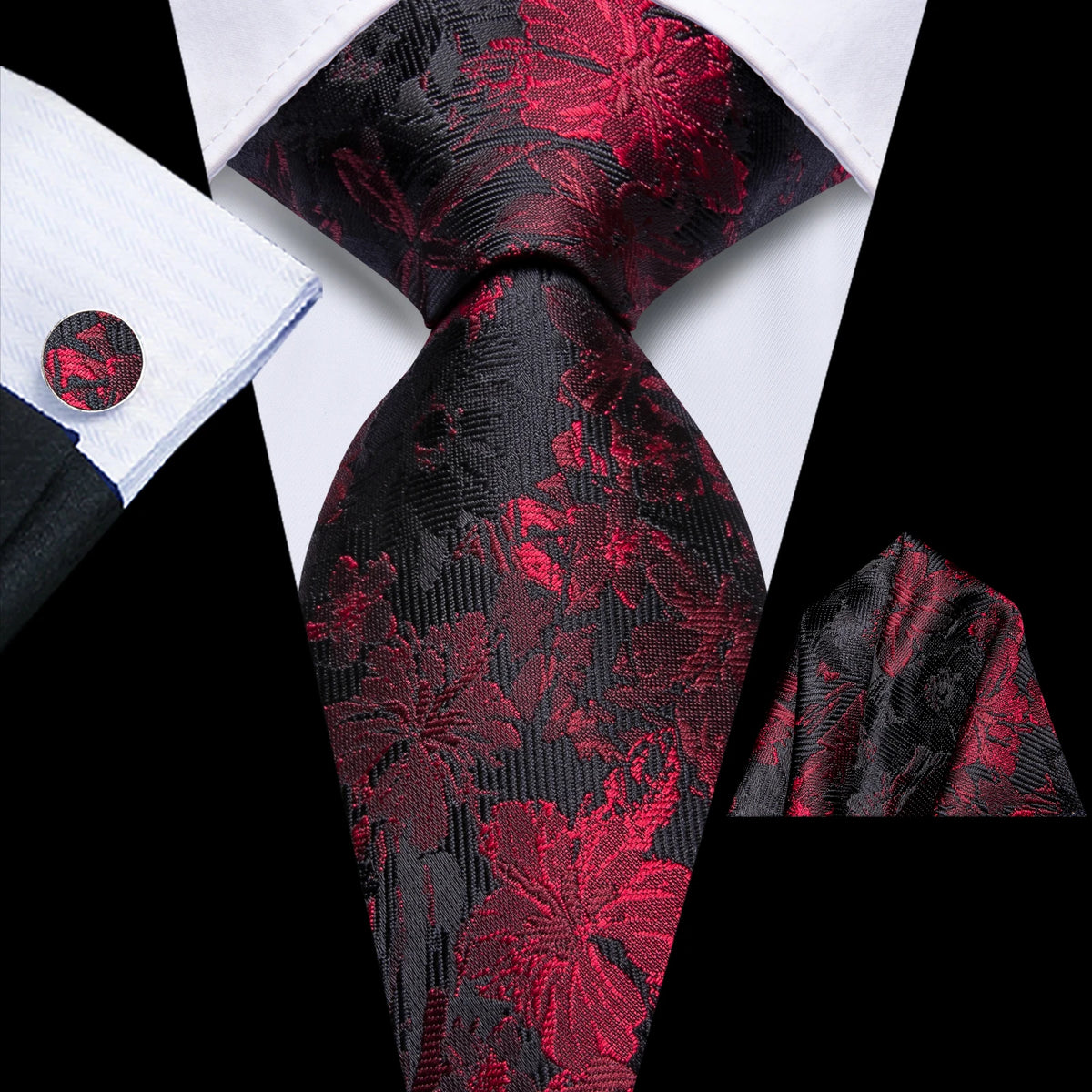 mens floral necktie in red and black, stylish accessory for formal events
