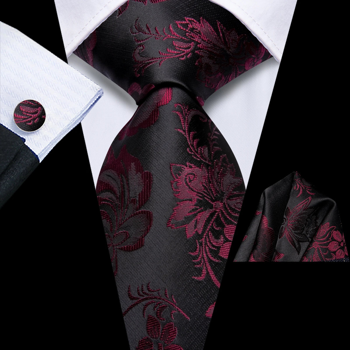 Mens floral necktie in burgundy and black, perfect for formal events