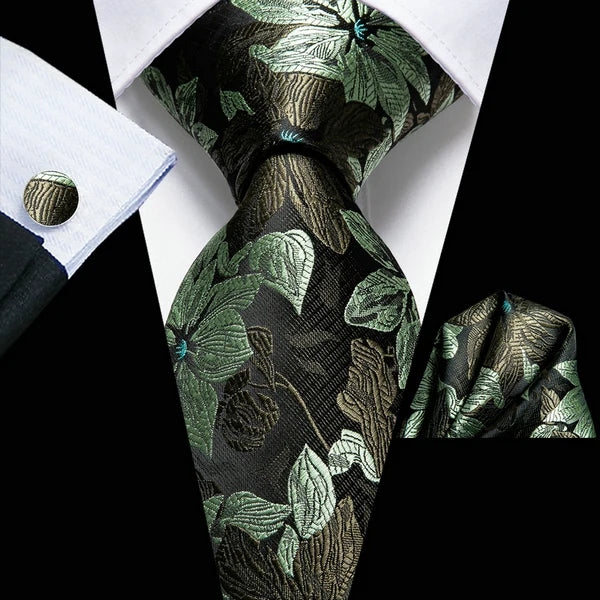 mens floral necktie in green and black silk for formal occasions