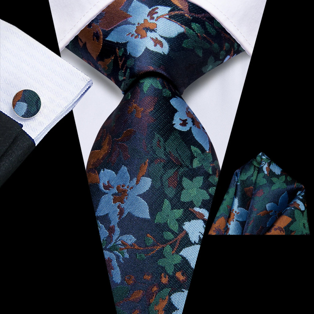 Mens floral necktie, navy blue silk, perfect for formal occasions