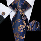 mens floral necktie in navy blue with gold patterns for formal occasions